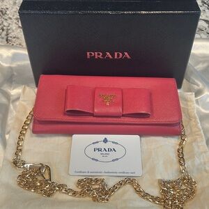 Prada Pink Patent Leather Bow Chain Clutch full inclusion EUC